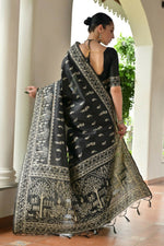 Thumbnail for Vishnu Weaves Women's Black Handloom Raw Silk Thread Weaving Saree with Blouse