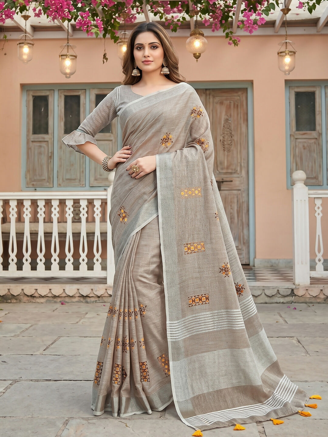 Shree Shyam Fashion Light Beige Linen Saree - Dista