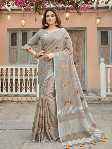 Shree Shyam Fashion Light Beige Linen Saree - Dista