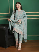 Thumbnail for Aastha Fashion Women's Turquoise Chinon Chiffon Floral Embroidery with Cording & Crystal Work Designer Straight Suit Set - Distacart