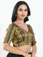 Thumbnail for Joban Fashion Green Multi Brocade Padded Blouse With V Neck Elbow Sleeves - Distacart