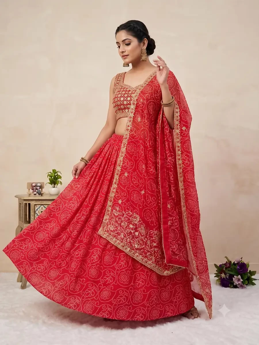 Teeya Creation Women's Red Bandhani Print Georgette Chaniya Choli Set for Wedding & Garba