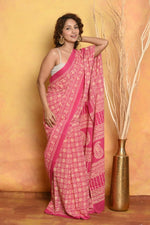 Thumbnail for Very Much Indian Pure Cotton - Natural Dyes Handblock Printed Saree - Pink - Distacart