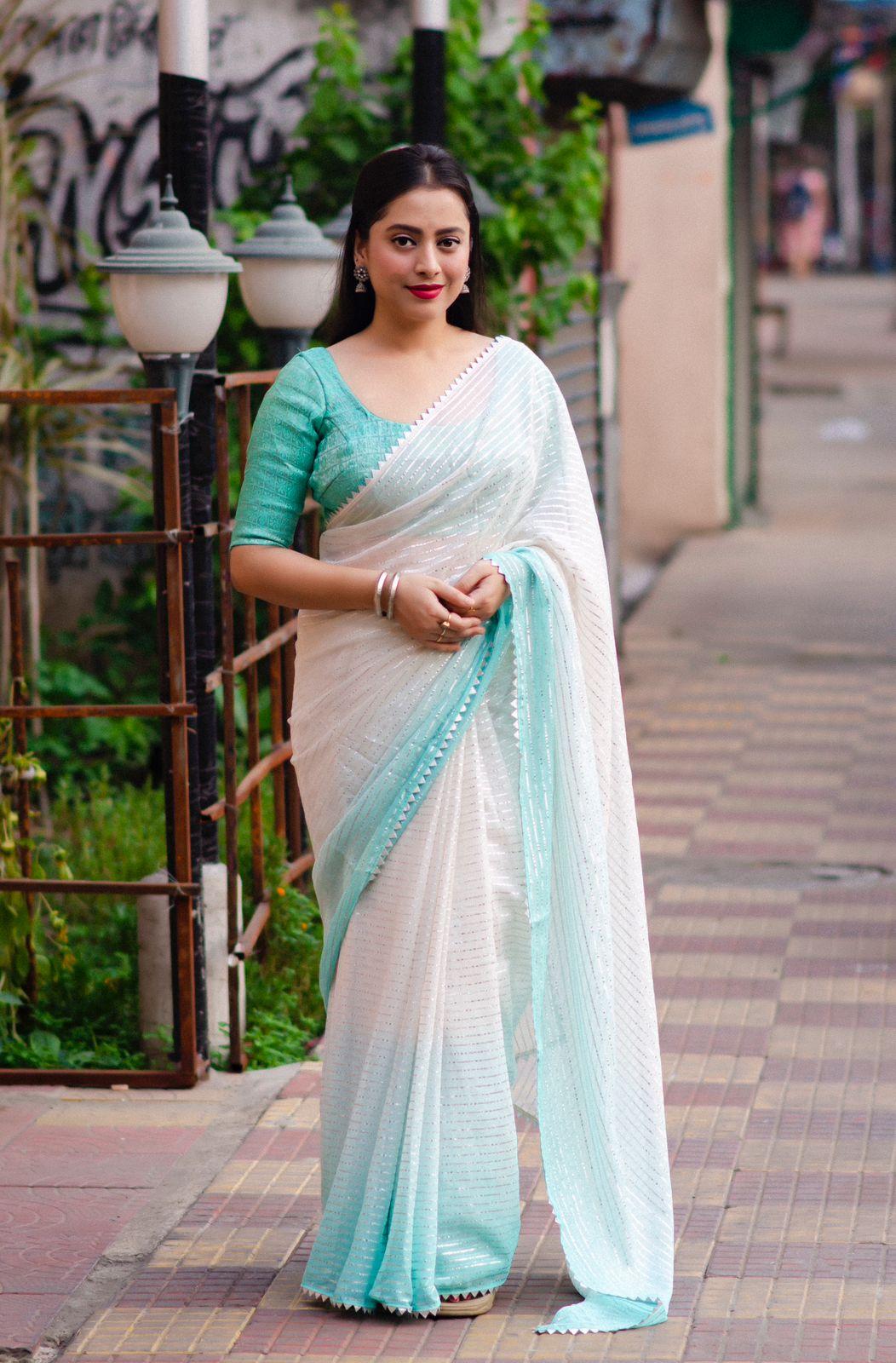 Green Poly Chiffon Striped Saree with Unstitched Blouse - A2M - Distacart
