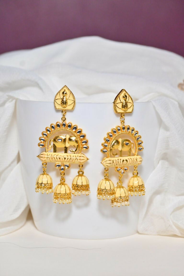 Beige Traditional Gold-Polished Elephant Design Kundan Jhumka Jhumki Earrings Indian Jewellery For Women & Girls By House of Ree - Distacart