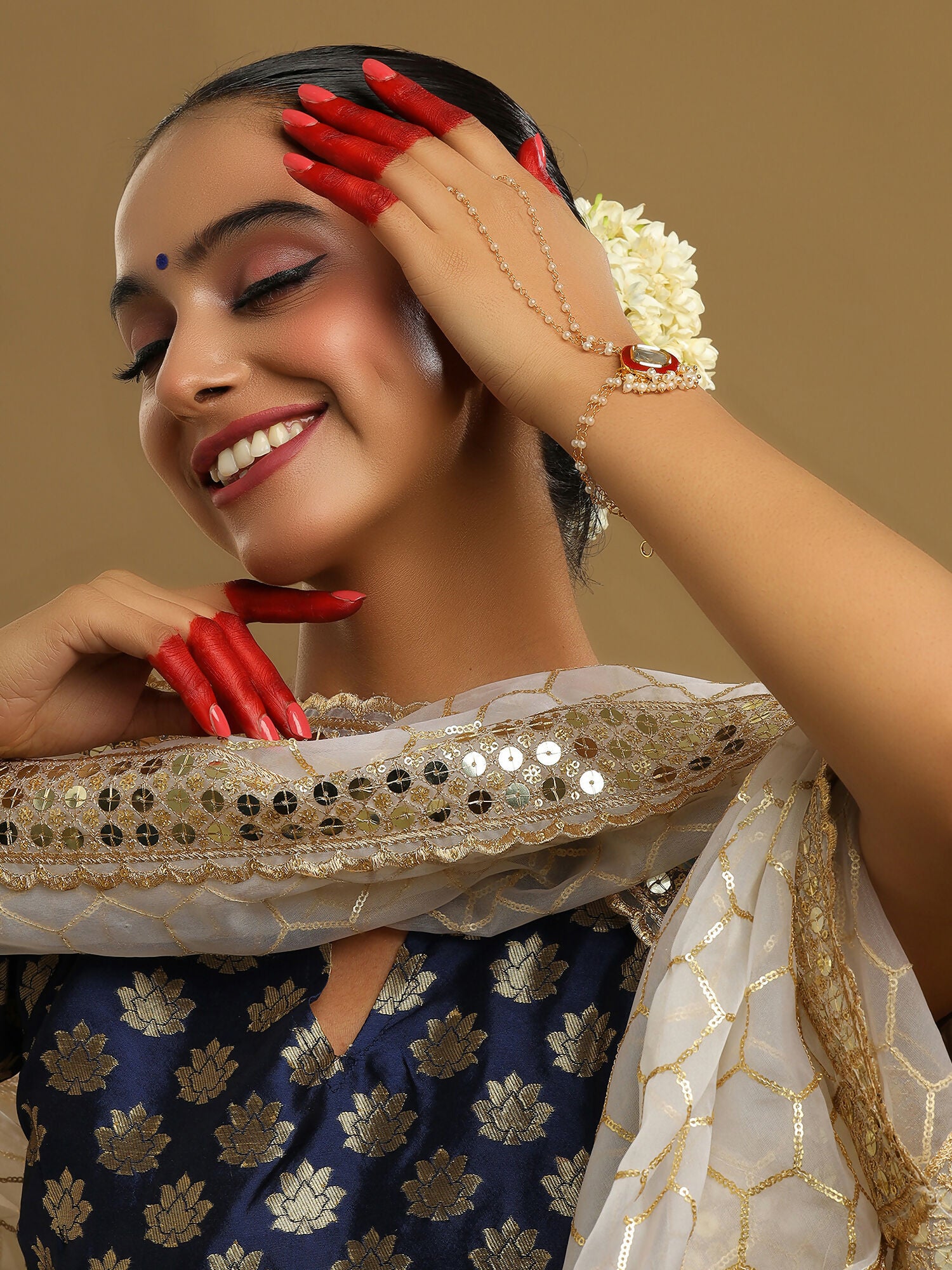 Ruby Raang Gold Red Meenakari Kundan Haath Phool