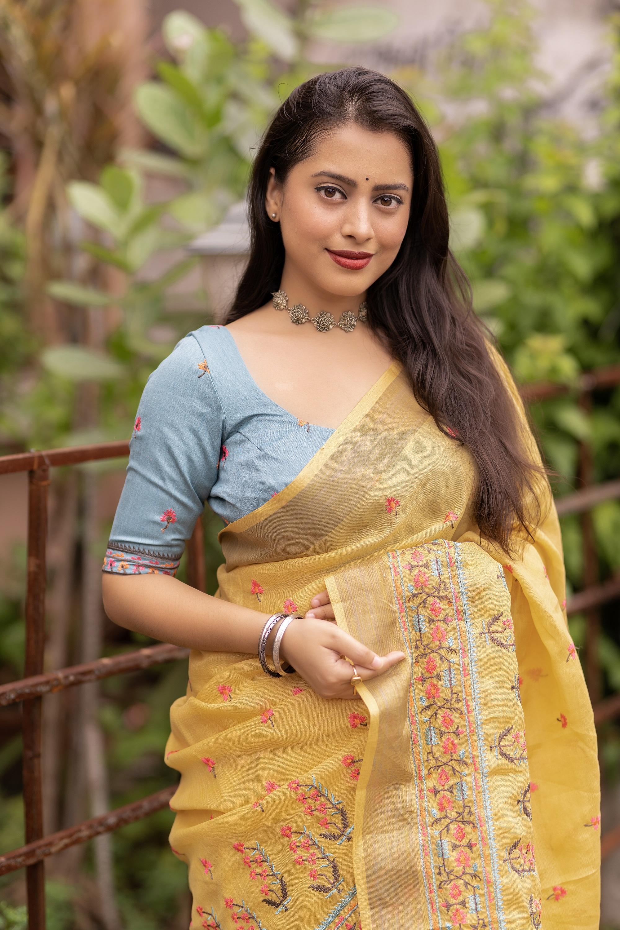 Yellow Pure Linen Ethnic Motifs Saree with Unstitched Blouse - Hiral Fashion - Distacart