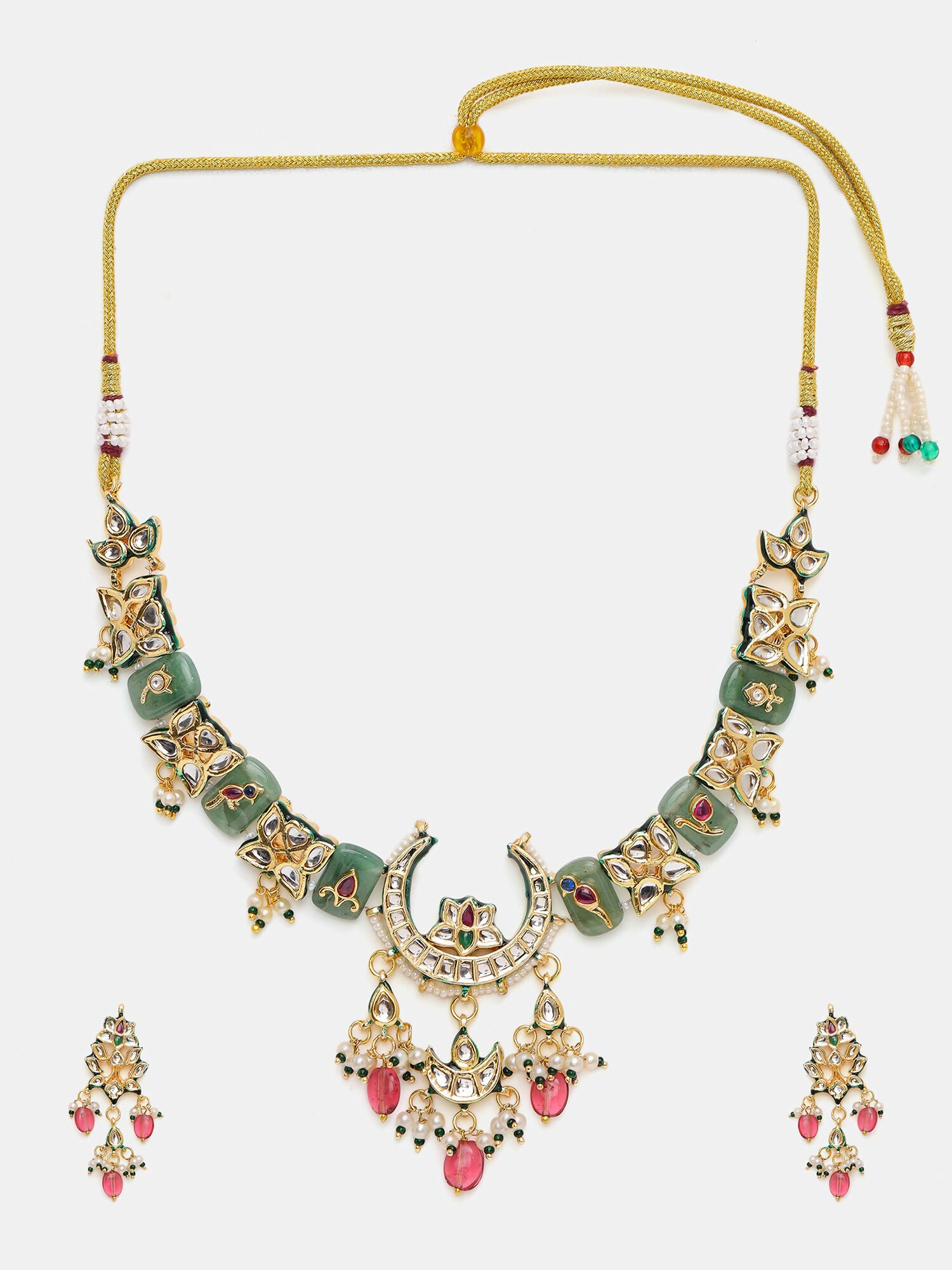 Ruby Raang Gold Polished Multi-Color Kundan And Stonework Necklace With Matching Earrings