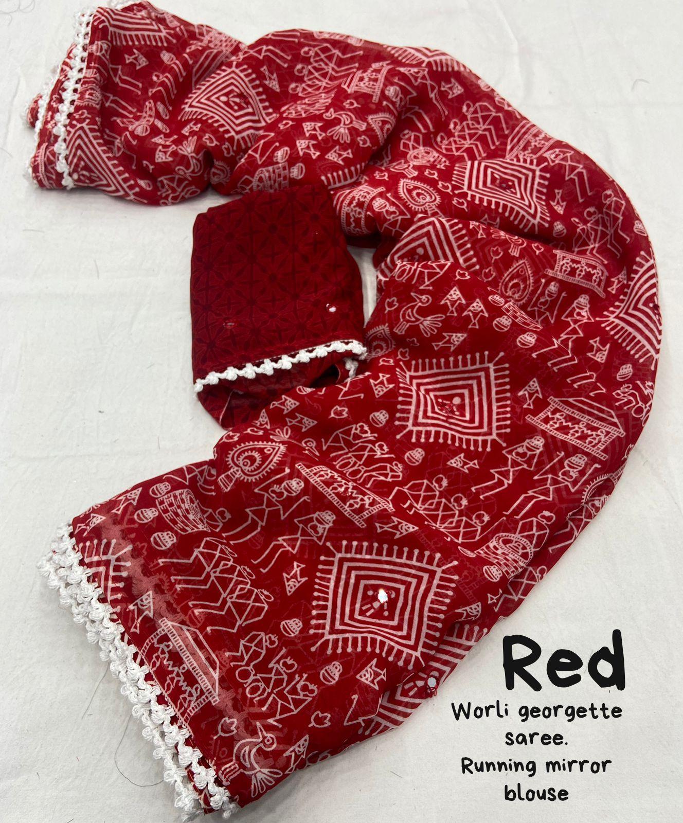 Red Poly Georgette Ethnic Motifs Saree with Unstitched Blouse - Hiral Fashion - Distacart