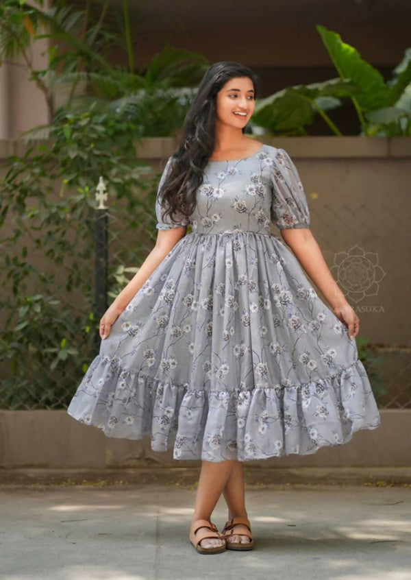 Preksha Creation Georgette Floral Printed Women Grey Short Gown - Distacart