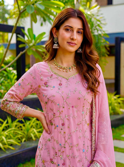 Teeya Creation Pink Faux Georgette Multi Thread Work Wedding Wear Sharara Set - Distacart