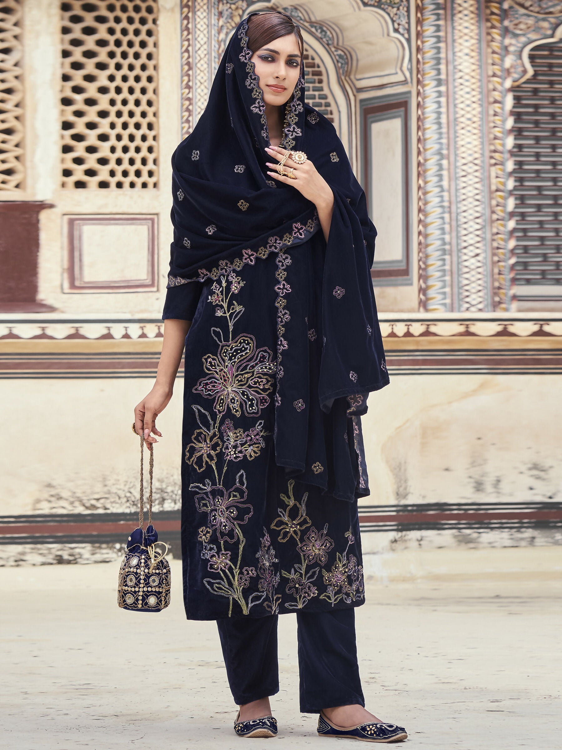 Jyoti Fashion Women's Navy Blue Velvet Resham Thread with Jari & Sequin Kurta with Trouser & Dupatta - Distacart