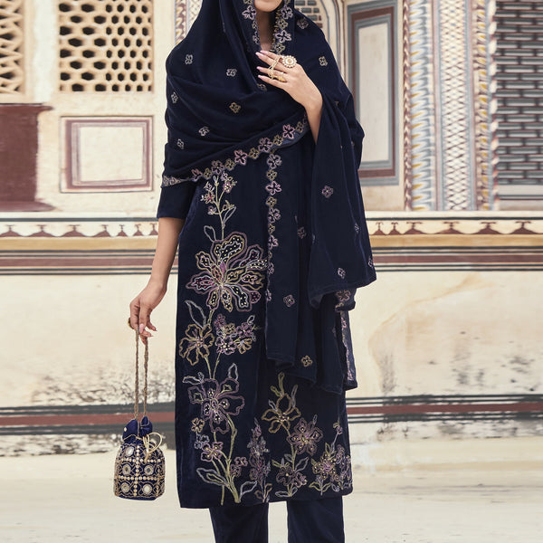 Jyoti Fashion Women's Navy Blue Velvet Resham Thread with Jari & Sequin Kurta with Trouser & Dupatta - Distacart
