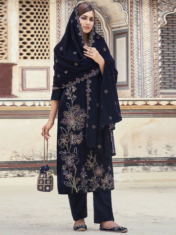 Jyoti Fashion Women's Navy Blue Velvet Resham Thread with Jari & Sequin Kurta with Trouser & Dupatta - Distacart