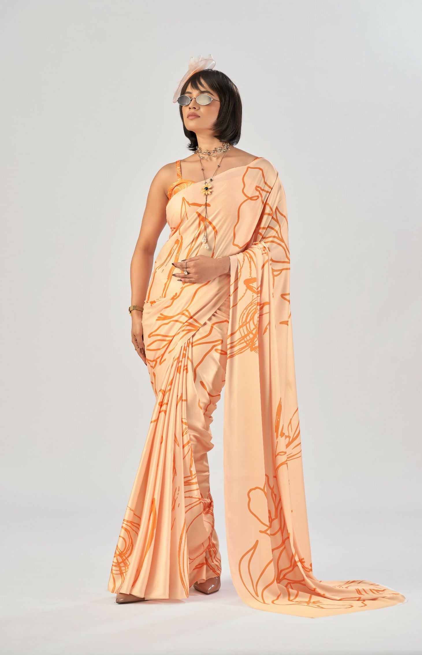 Vastranavya Orange Satin Silk Elegant Printed Saree with Unstitched Blouse - Distacart