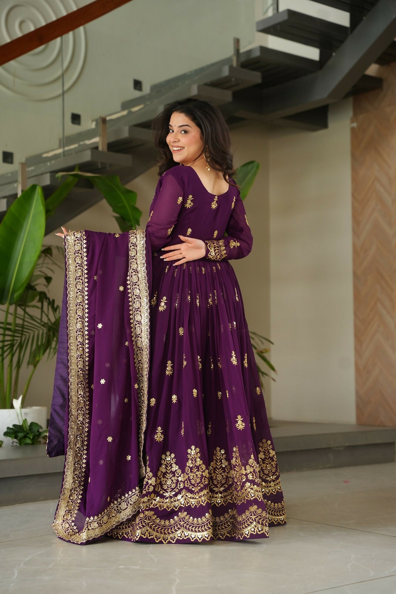 Joban Fashion Purple Georgette Sequence Embroidery Work Kurta Set