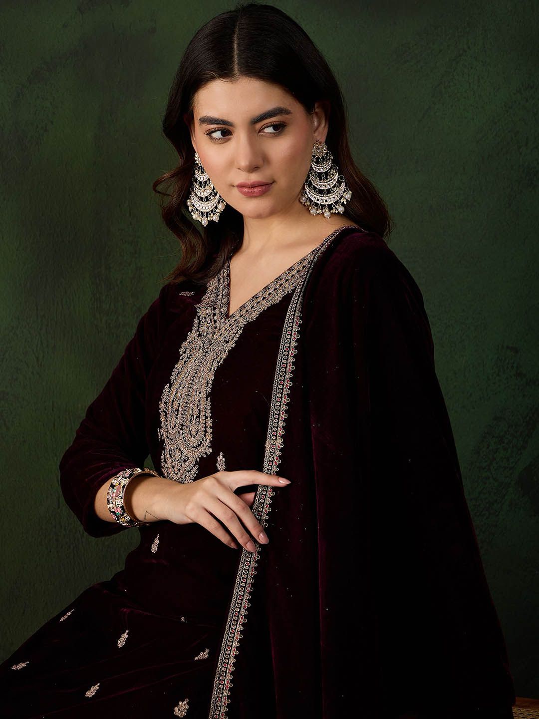 Sangria Floral Embroidered Straight Kurta & Trousers With Dupatta - Distacart