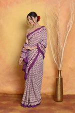 Thumbnail for Very Much Indian Handblock Printed Cotton Saree With Natural Dyes - White - Distacart
