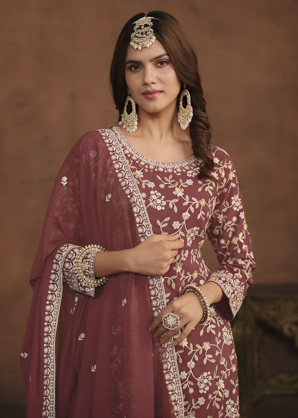 Faux Georgette Taupe Mauve Embroidered Festive Salwar Suit - Emponline - Distacart