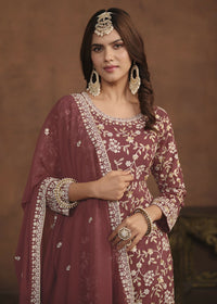 Thumbnail for Faux Georgette Taupe Mauve Embroidered Festive Salwar Suit - Emponline - Distacart