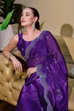 Thumbnail for Vastranavya Purple-Blue Embroidery Work Shimmer Chiffon Saree with Unstitched Blouse