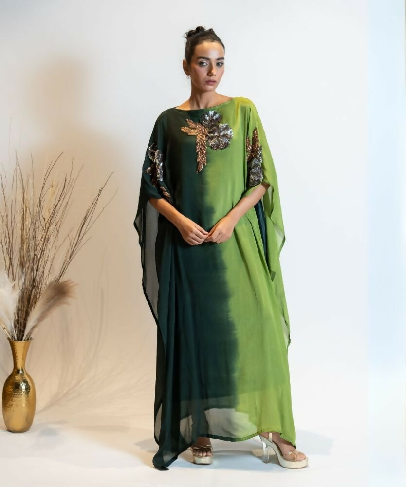 Timaraa Forest Green Ombre Embellished Georgette Kaftan Dress - Dista