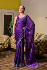 Thumbnail for Vastranavya Purple-Blue Embroidery Work Shimmer Chiffon Saree with Unstitched Blouse