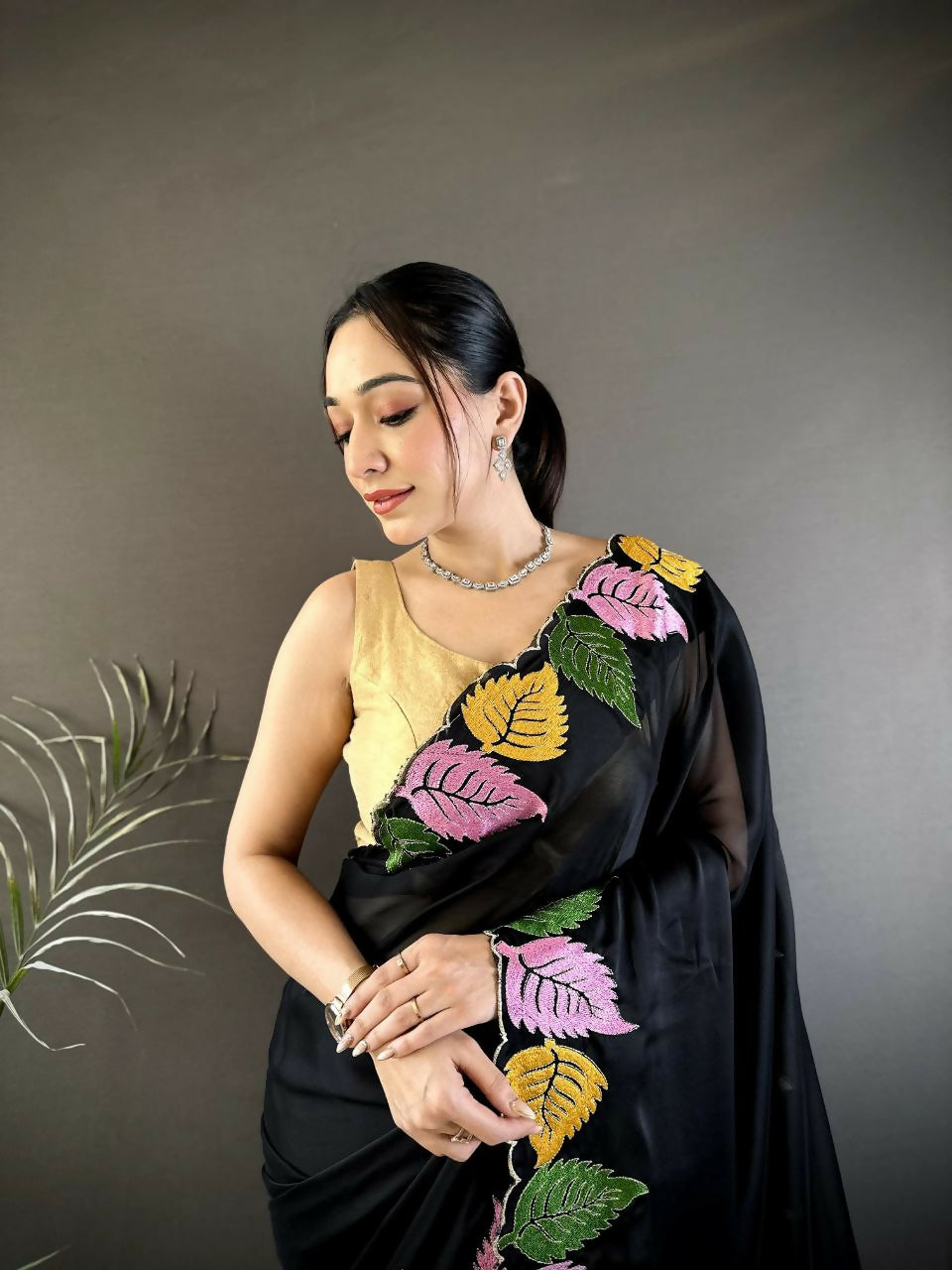Prime Volt Multicolor Leaf Embroidery Rangoli Silk Saree with Scalloped Border-Black - Dista