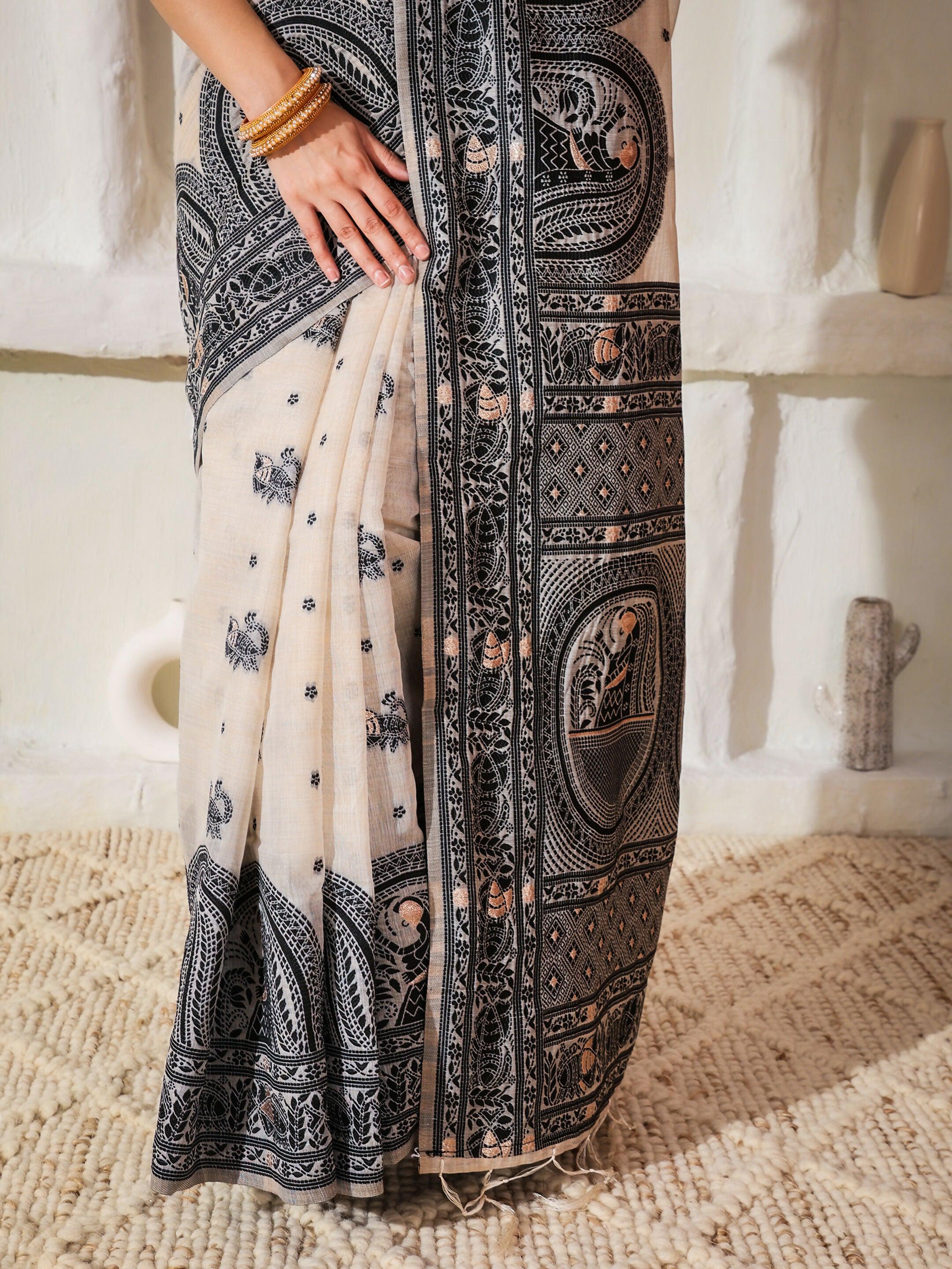 Astita Linen Cotton Black & Cream Saree