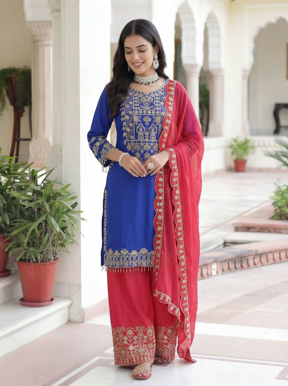 Teeya Creation Blue Chinon Silk Designer Wedding Wear Embroidery Work Palazzo - Distacart