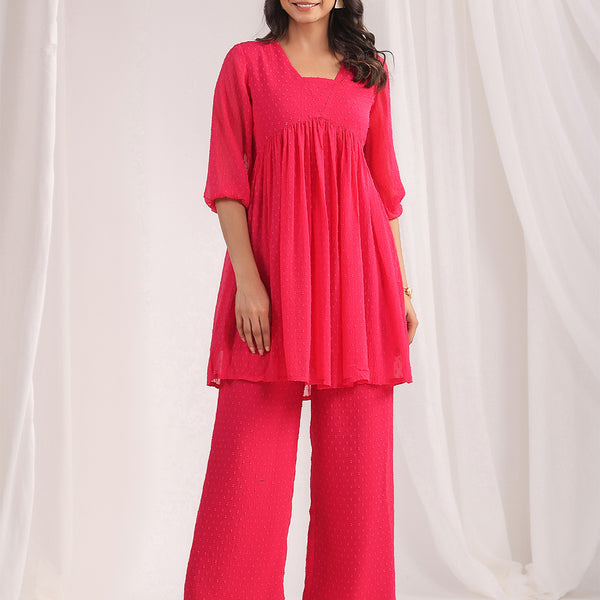 Janasya From Style Master Dobby Georgette Self Design Gathered Top & Bottom Set