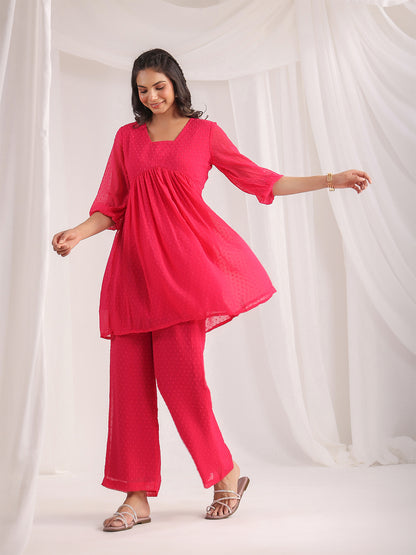 Janasya From Style Master Dobby Georgette Self Design Gathered Top & Bottom Set - Distacart