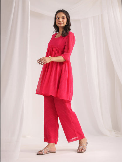 Janasya From Style Master Dobby Georgette Self Design Gathered Top & Bottom Set - Distacart