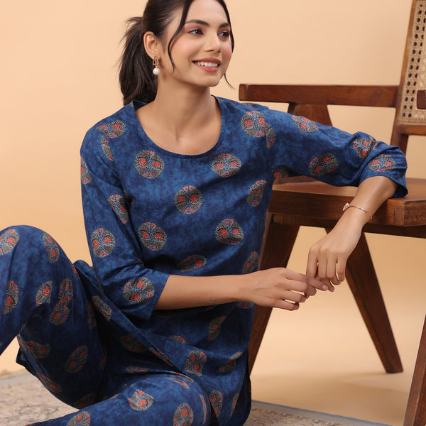 Janasya Straight Cambric Blue Tribal Round Neck Co-Ords - Distacart