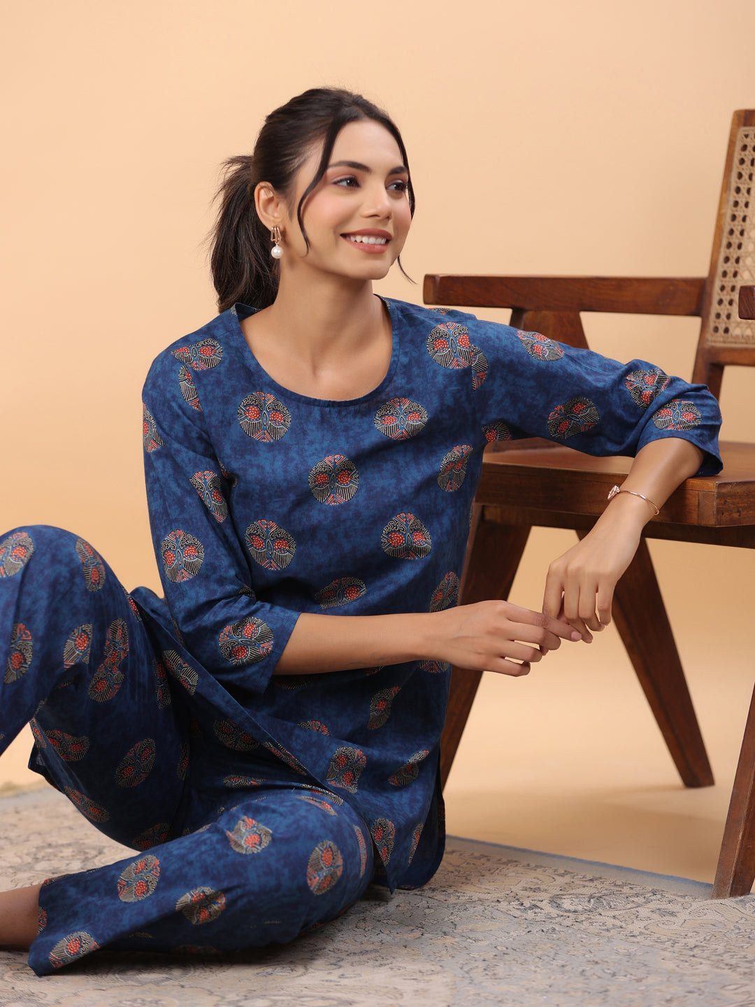 Janasya Straight Cambric Blue Tribal Round Neck Co-Ords - Distacart