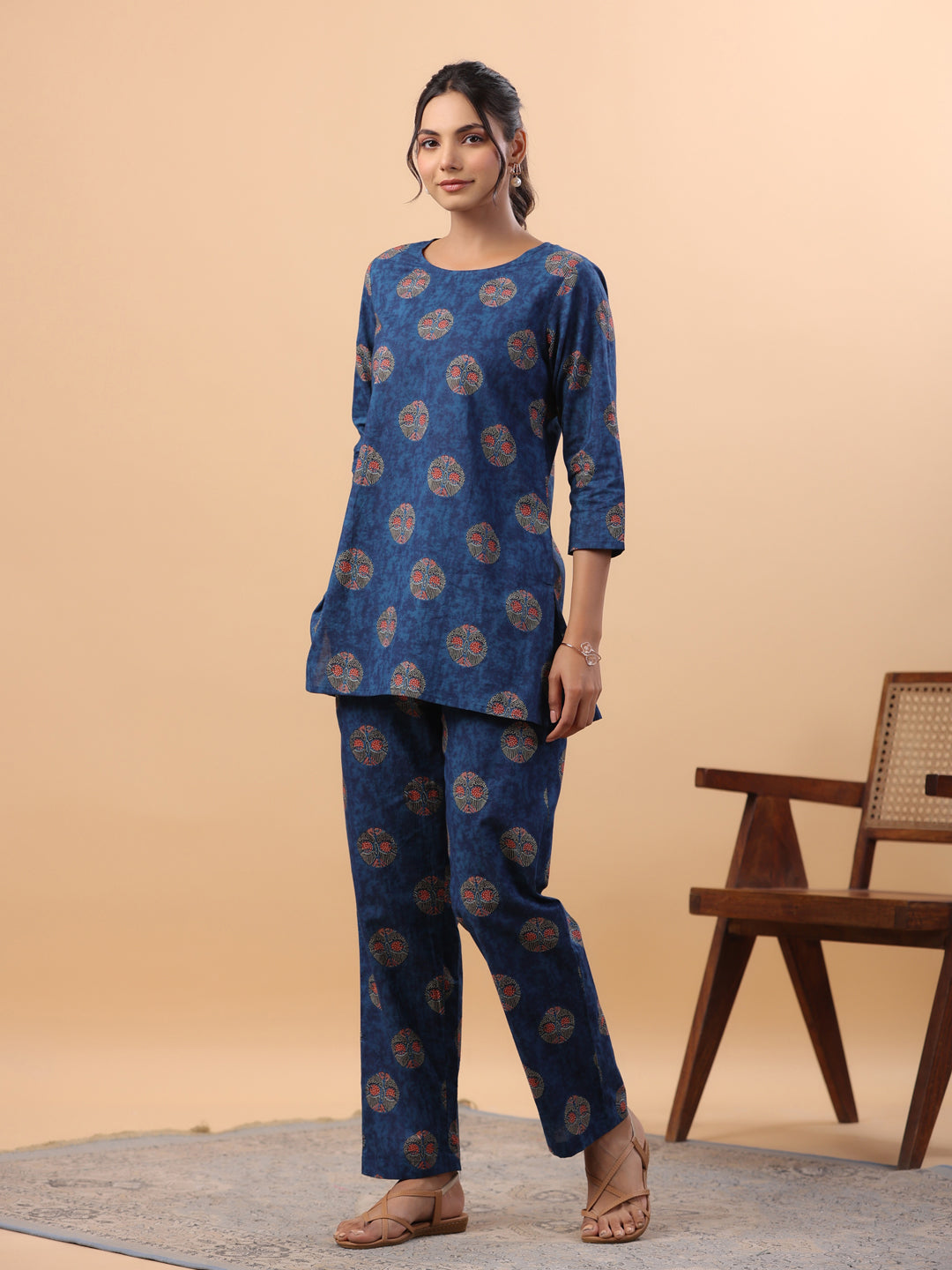 Janasya Straight Cambric Blue Tribal Round Neck Co-Ords - Distacart