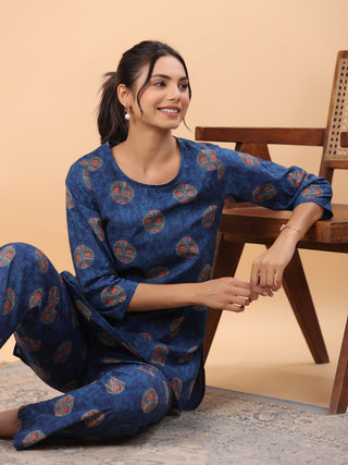 Janasya Straight Cambric Blue Tribal Round Neck Co-Ords - Distacart