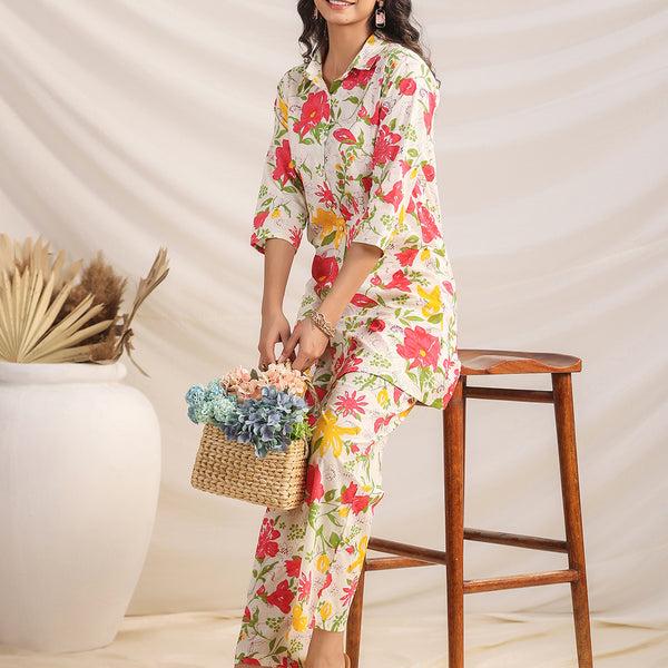 Janasya Straight Cambric Off White Floral Shirt Collar Co-Ords - Distacart