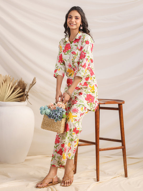 Janasya Off White Cambric Floral Co-Ords