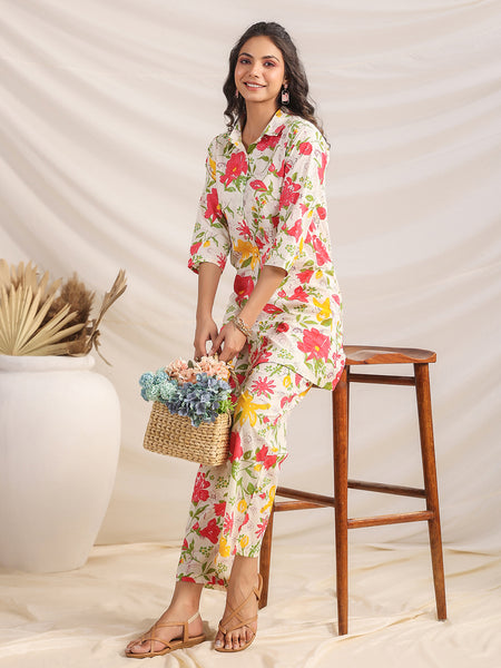 Janasya Off White Cambric Floral Co-Ords