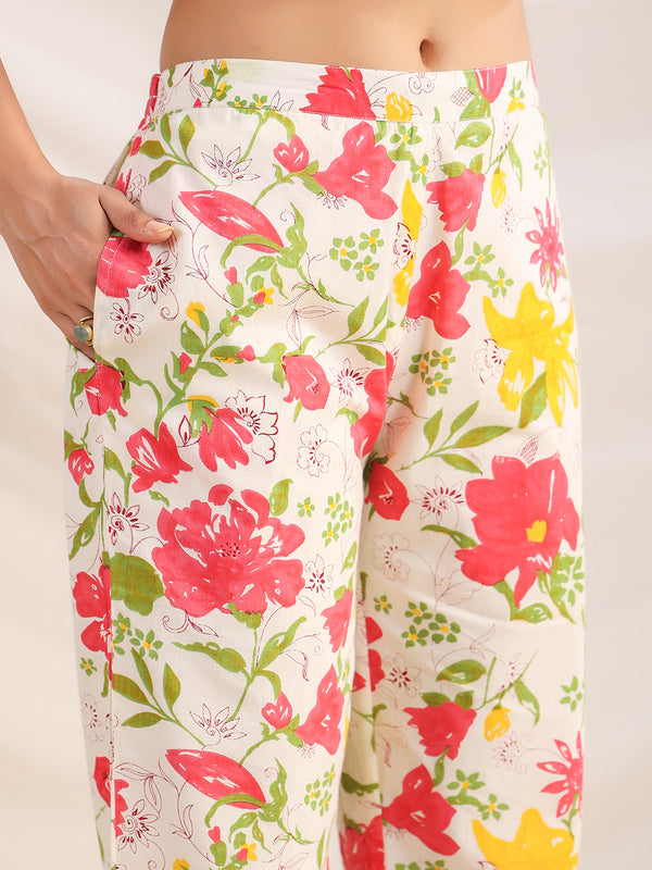 Janasya Off White Cambric Floral Co-Ords