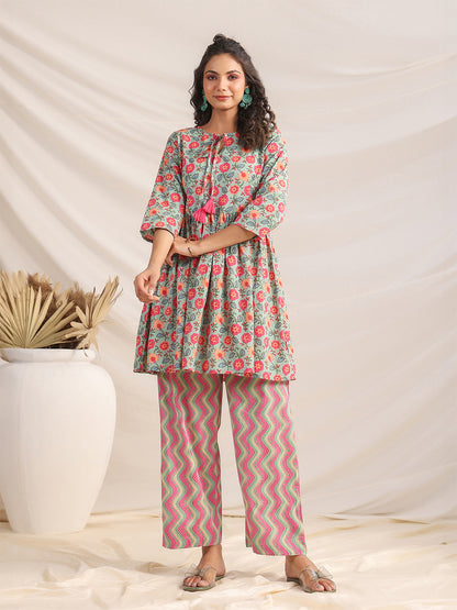 Janasya Sage Cambric Floral Co-Ords - Distacart