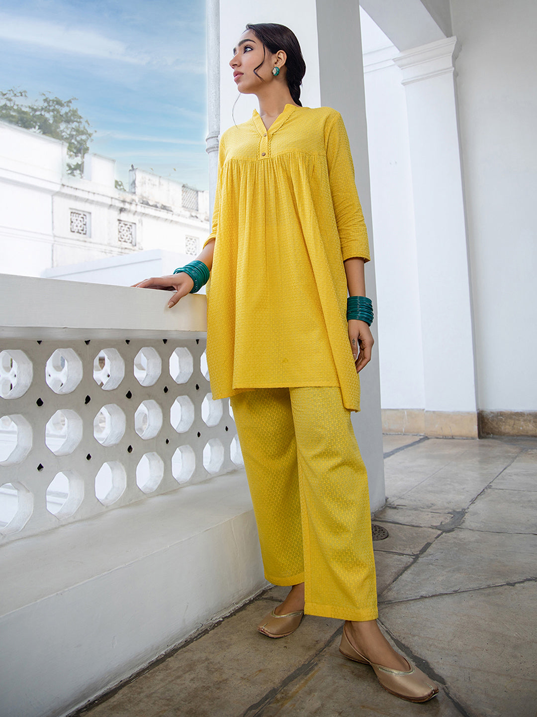 Janasya Gathered Jacquard Yellow Self Design Band Collar Co-Ords - Distacart