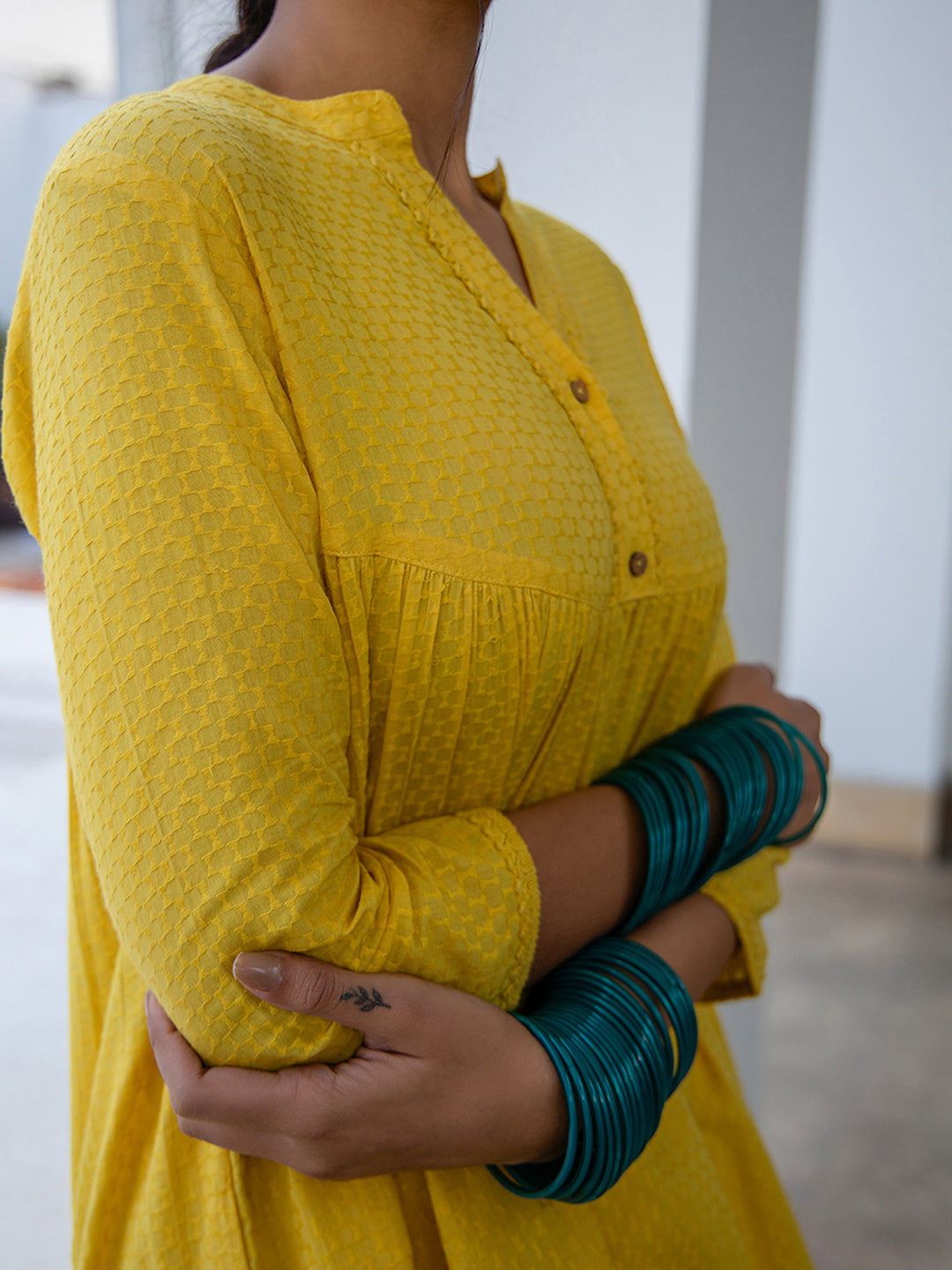 Janasya Gathered Jacquard Yellow Self Design Band Collar Co-Ords - Distacart