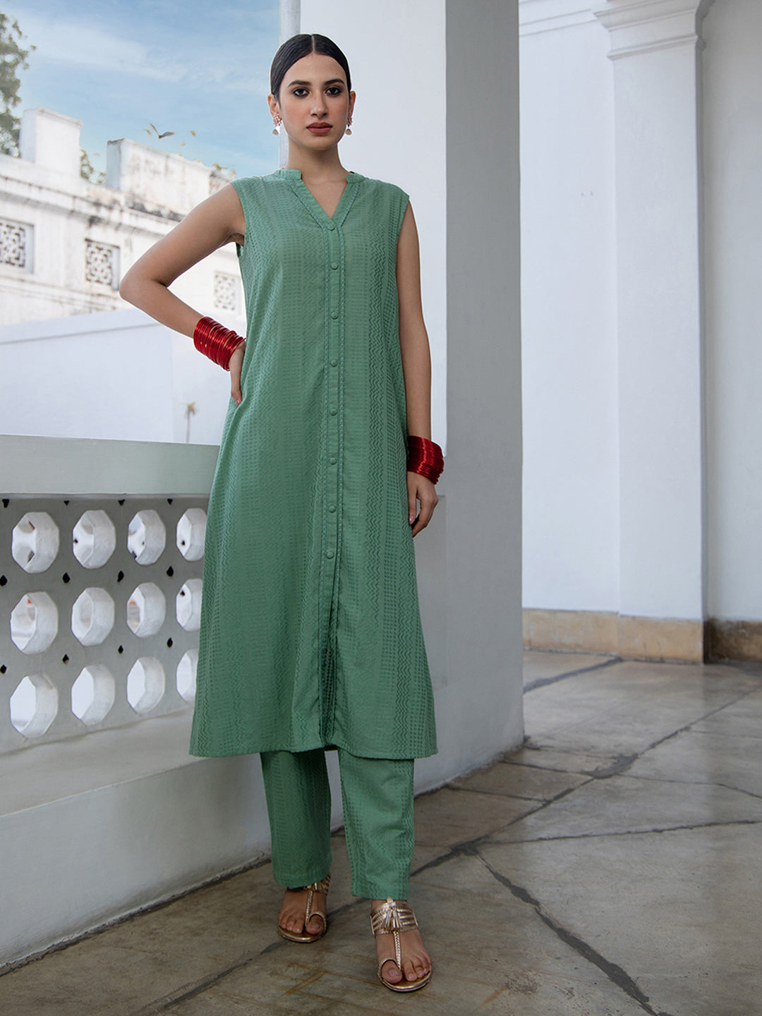 Janasya Straight Jacquard Sage Self Design V-Neck with Band Collar Kurta & Bottom - Distacart