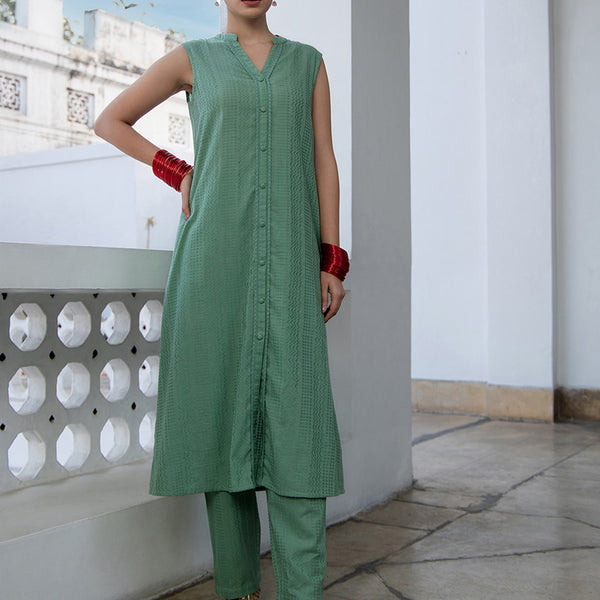 Janasya Straight Jacquard Sage Self Design V-Neck with Band Collar Kurta & Bottom - Distacart