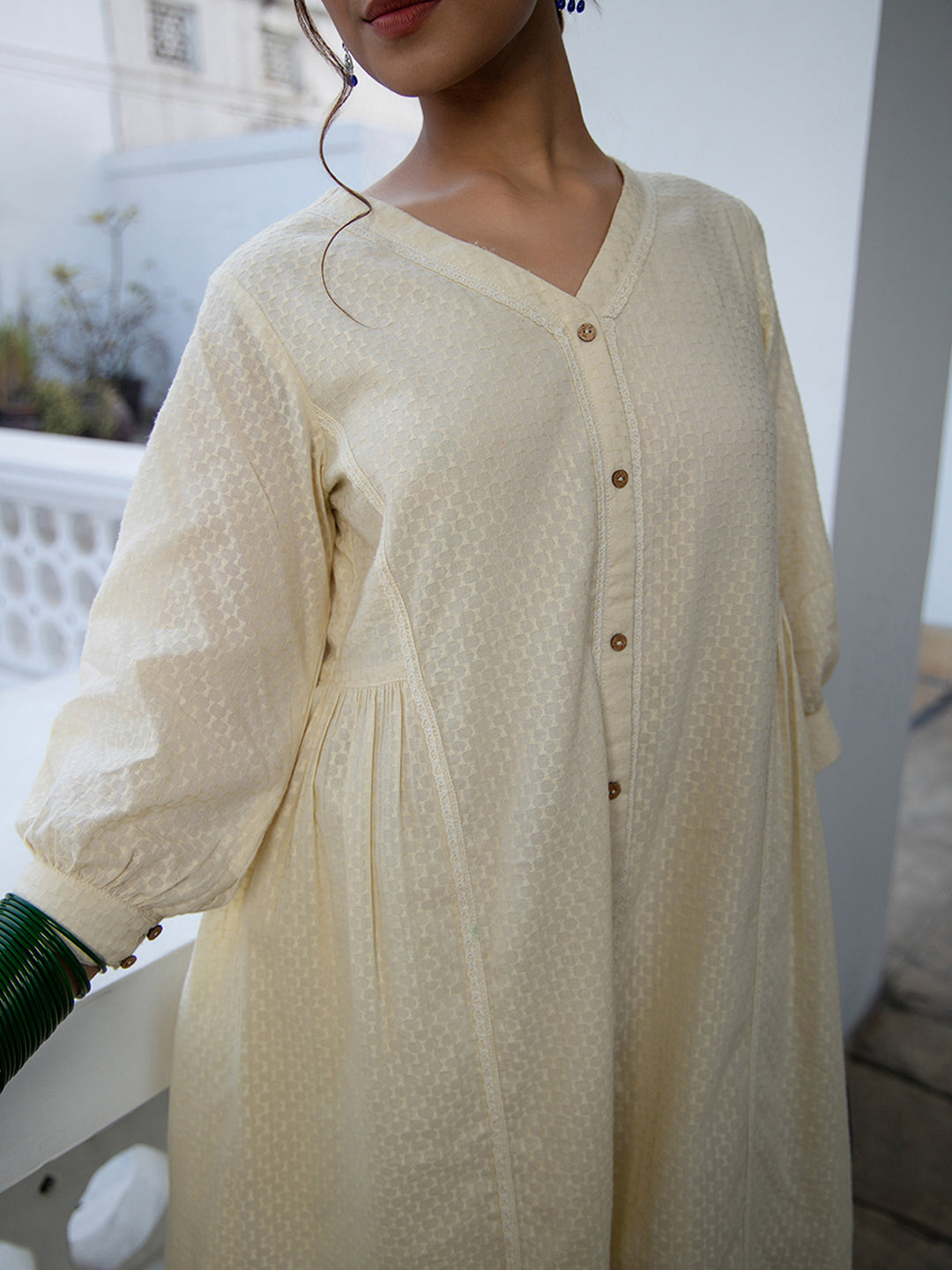 Janasya A-Line Dobby Cotton Cream Self Design V-Neck Tunic & Bottom - Distacart