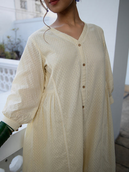 Janasya A-Line Dobby Cotton Cream Self Design V-Neck Tunic & Bottom - Distacart