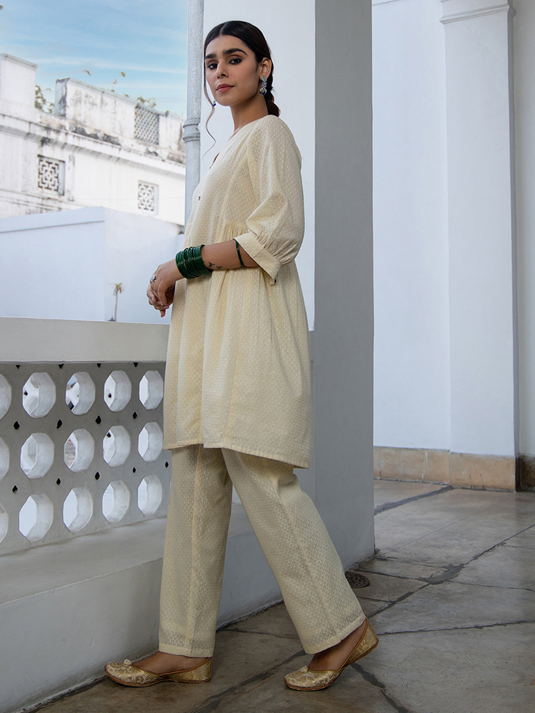 Janasya Cream Dobby Cotton Self Design Tunic & Bottom - Distacart