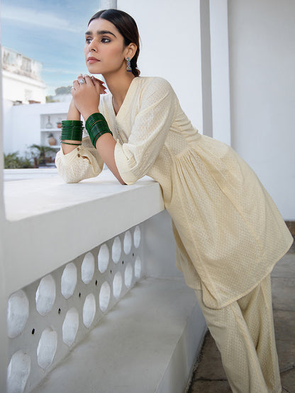 Janasya A-Line Dobby Cotton Cream Self Design V-Neck Tunic & Bottom - Distacart